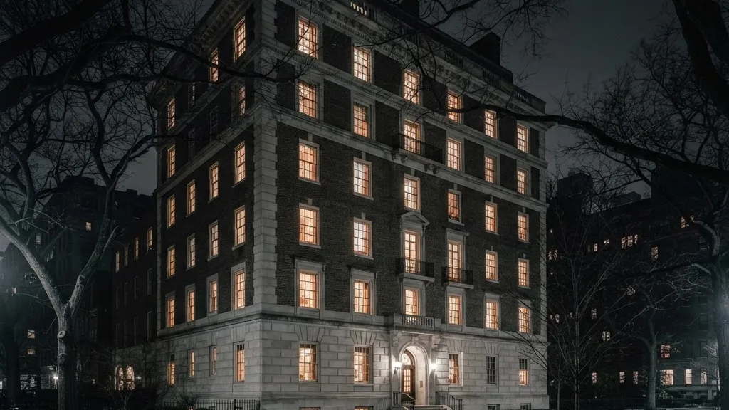 Prewar brick and limestone apartment building at night, windows lit, seen across a wet park street