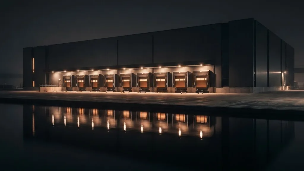 Modern waterfront logistics warehouse at night, a row of lit loading docks reflected in still harbour water